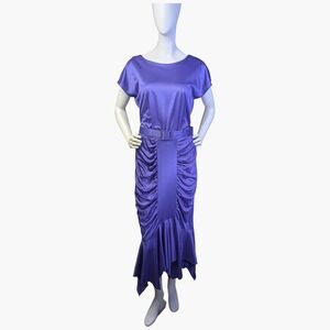 Vintage 1980s Purple Ruched Belted Midi Dress | Made in Canada | Size Medium